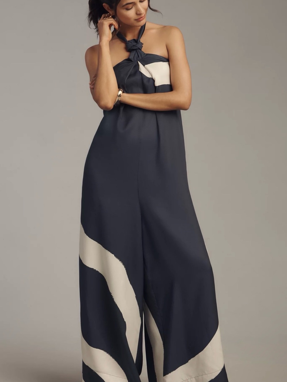 NEW- Anthropologie Black and Cream Strapless Wide-Leg Jumpsuit - Size XL
